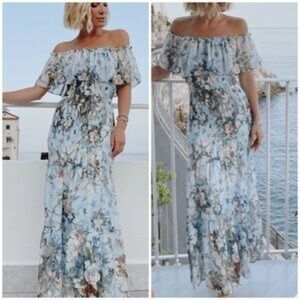 Baltic Born Blue and White Off-Shoulder Flutter Sleeve Maxi Dress